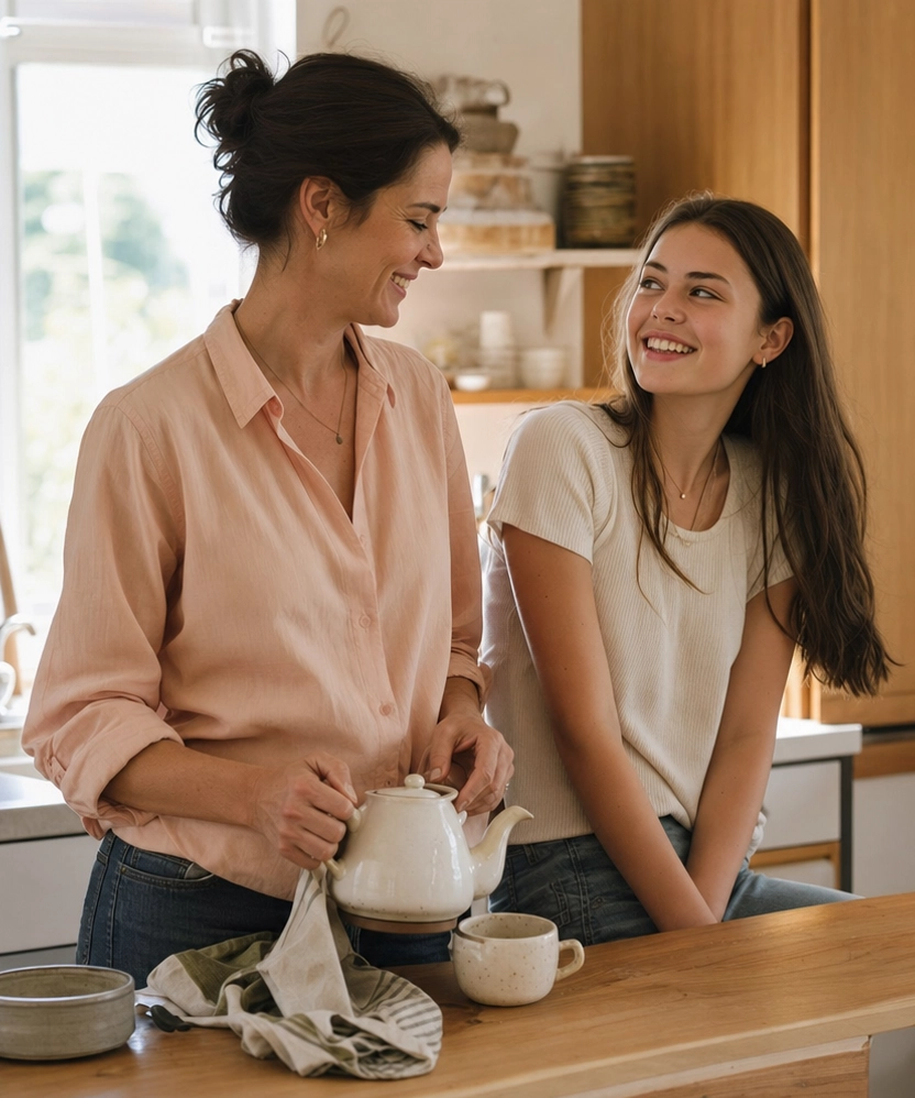 A mother and daughter sharing a warm, natural moment of connection
