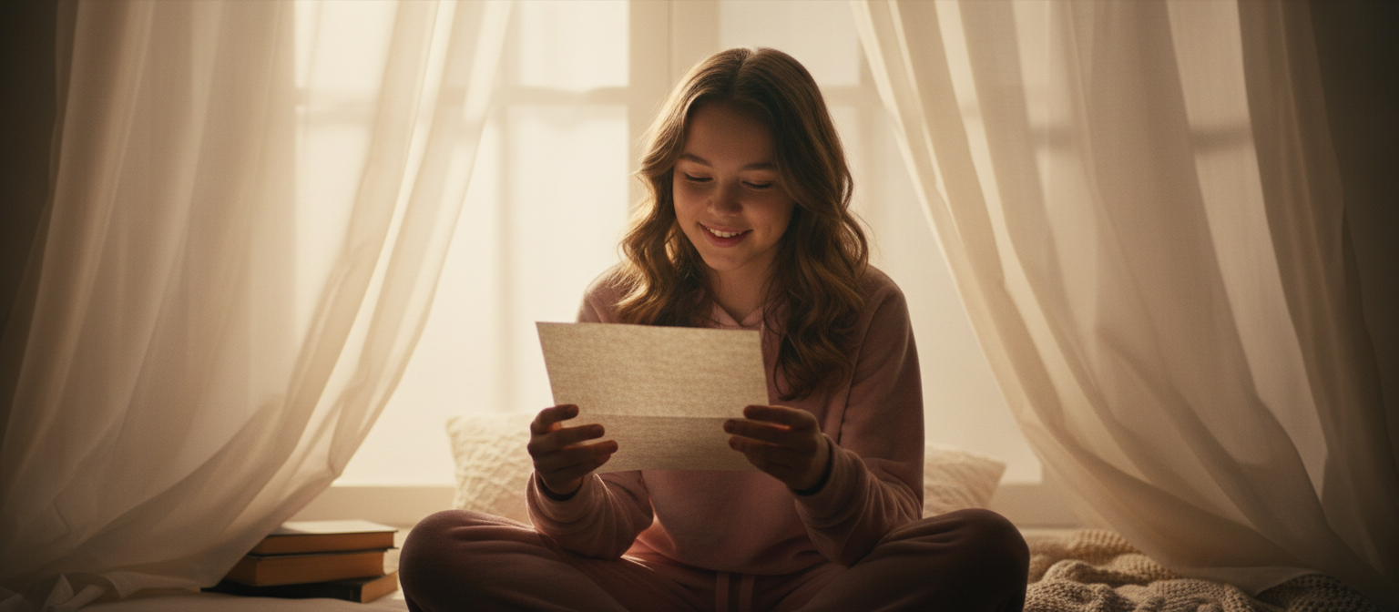 A girl reading her Big Sister Letter with a warm smile
